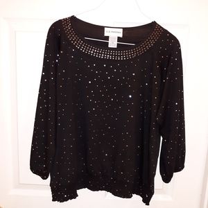 C D Petites black blouse with sequined body and silver studded neck.